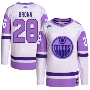 Connor Brown Youth Adidas Edmonton Oilers Authentic White/Purple Hockey Fights Cancer Primegreen Jersey
