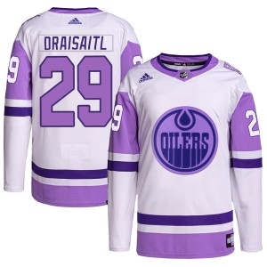 Leon Draisaitl Youth Adidas Edmonton Oilers Authentic White/Purple Hockey Fights Cancer Primegreen Jersey