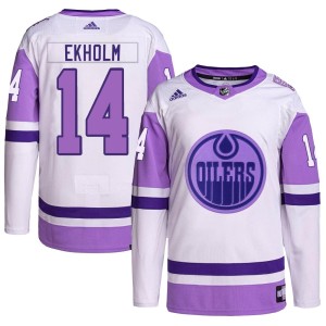 Mattias Ekholm Youth Adidas Edmonton Oilers Authentic White/Purple Hockey Fights Cancer Primegreen Jersey