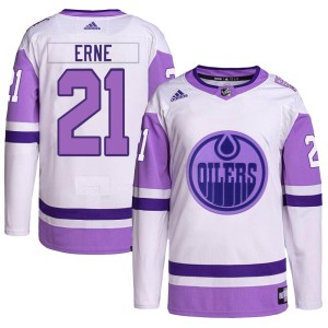 Adam Erne Youth Adidas Edmonton Oilers Authentic White/Purple Hockey Fights Cancer Primegreen Jersey