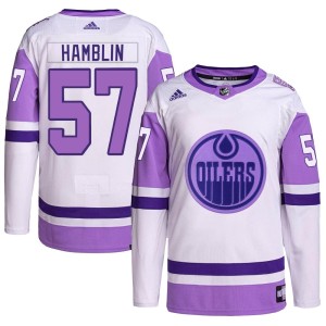 James Hamblin Youth Adidas Edmonton Oilers Authentic White/Purple Hockey Fights Cancer Primegreen Jersey