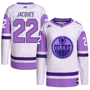 Jean-Francois Jacques Youth Adidas Edmonton Oilers Authentic White/Purple Hockey Fights Cancer Primegreen Jersey