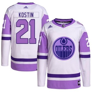 Klim Kostin Youth Adidas Edmonton Oilers Authentic White/Purple Hockey Fights Cancer Primegreen Jersey