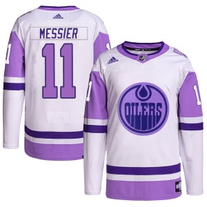 Mark Messier Youth Adidas Edmonton Oilers Authentic White/Purple Hockey Fights Cancer Primegreen Jersey
