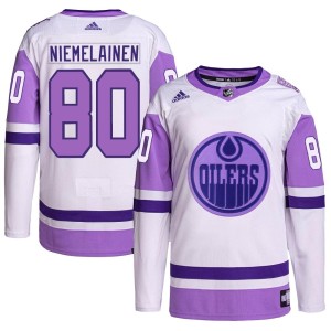 Markus Niemelainen Youth Adidas Edmonton Oilers Authentic White/Purple Hockey Fights Cancer Primegreen Jersey