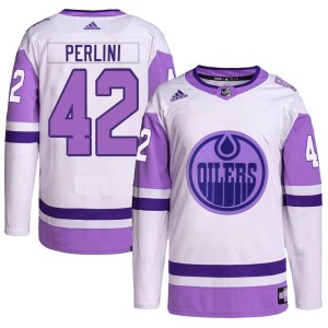 Brendan Perlini Youth Adidas Edmonton Oilers Authentic White/Purple Hockey Fights Cancer Primegreen Jersey