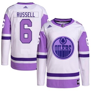 Kris Russell Youth Adidas Edmonton Oilers Authentic White/Purple Hockey Fights Cancer Primegreen Jersey