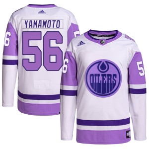 Kailer Yamamoto Youth Adidas Edmonton Oilers Authentic White/Purple Hockey Fights Cancer Primegreen Jersey