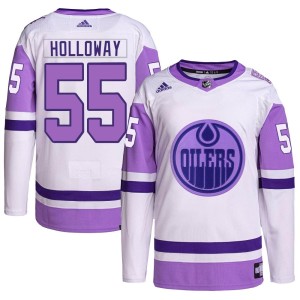 Dylan Holloway Men's Adidas Edmonton Oilers Authentic White/Purple Hockey Fights Cancer Primegreen Jersey