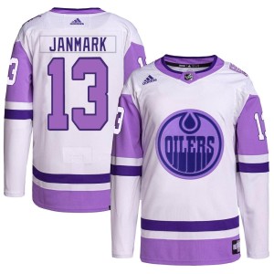 Mattias Janmark Men's Adidas Edmonton Oilers Authentic White/Purple Hockey Fights Cancer Primegreen Jersey