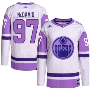 Connor McDavid Men's Adidas Edmonton Oilers Authentic White/Purple Hockey Fights Cancer Primegreen Jersey