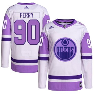 Corey Perry Men's Adidas Edmonton Oilers Authentic White/Purple Hockey Fights Cancer Primegreen Jersey