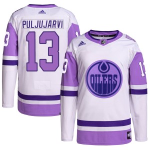 Jesse Puljujarvi Men's Adidas Edmonton Oilers Authentic White/Purple Hockey Fights Cancer Primegreen Jersey