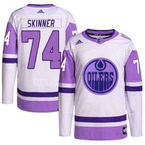 Stuart Skinner Men's Adidas Edmonton Oilers Authentic White/Purple Hockey Fights Cancer Primegreen Jersey