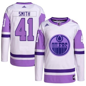 Mike Smith Men's Adidas Edmonton Oilers Authentic White/Purple Hockey Fights Cancer Primegreen Jersey