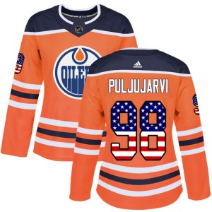 Jesse Puljujarvi Women's Adidas Edmonton Oilers Authentic Orange USA Flag Fashion Jersey