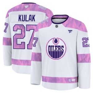 Brett Kulak Youth Fanatics Edmonton Oilers Premium White 2024 Hockey Fights Cancer Practice Jersey