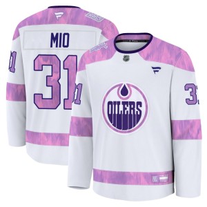 Eddie Mio Youth Fanatics Edmonton Oilers Premium White 2024 Hockey Fights Cancer Practice Jersey