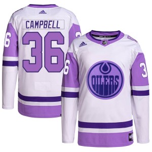 Jack Campbell Youth Adidas Edmonton Oilers Authentic White/Purple Hockey Fights Cancer Primegreen Jersey