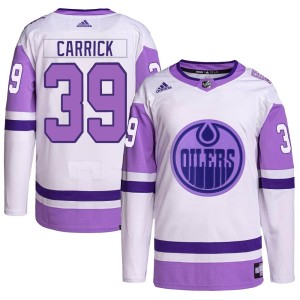 Sam Carrick Youth Adidas Edmonton Oilers Authentic White/Purple Hockey Fights Cancer Primegreen Jersey