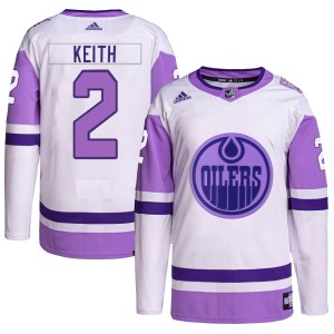 Duncan Keith Youth Adidas Edmonton Oilers Authentic White/Purple Hockey Fights Cancer Primegreen Jersey