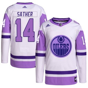 Glen Sather Youth Adidas Edmonton Oilers Authentic White/Purple Hockey Fights Cancer Primegreen Jersey