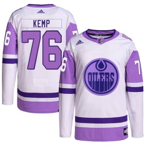 Philip Kemp Men's Adidas Edmonton Oilers Authentic White/Purple Hockey Fights Cancer Primegreen Jersey