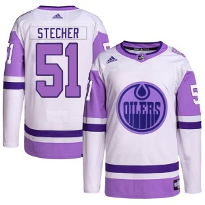 Troy Stecher Men's Adidas Edmonton Oilers Authentic White/Purple Hockey Fights Cancer Primegreen Jersey
